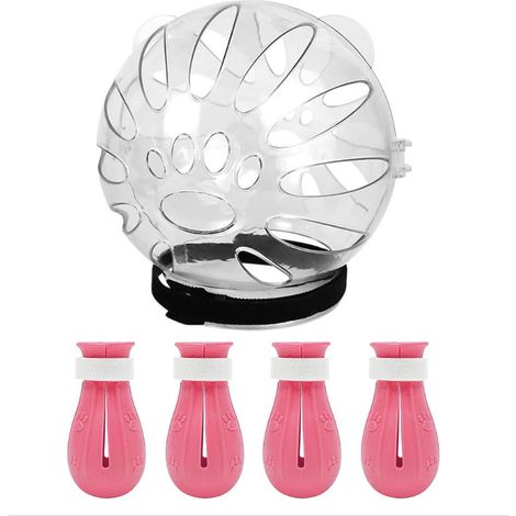 Casco transpirable tipo burbuja para gatos con fundas de silicona para las patas, capucha ajustable de plástico rosa para gatos, cortauñas para bañar y afeitar.