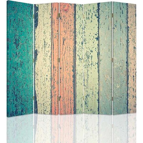 Paravent rustique 5 panneaux en bois vieilli déco chic - 180 x 150 cm - 2 faces R° V° + rotation 360° (1/5)