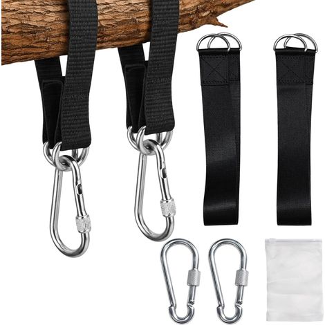 Lot de 2 fixations pour balançoire, avec 2 sangles de hamac de 30 cm, mousquetons et anneaux en D, matériau en nylon pour balançoire d'arbre, suspension de fauteuil suspendu (1/5)