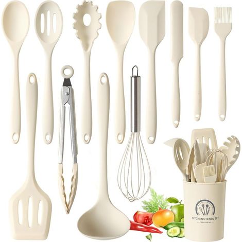 13 Pièces Set Ustensile Cuisine Silicone, sans BPA, Antiadhésive Anti-Rayures Cuisine Accessoires, Passe au lave-vaisselle - Beige (1/5)