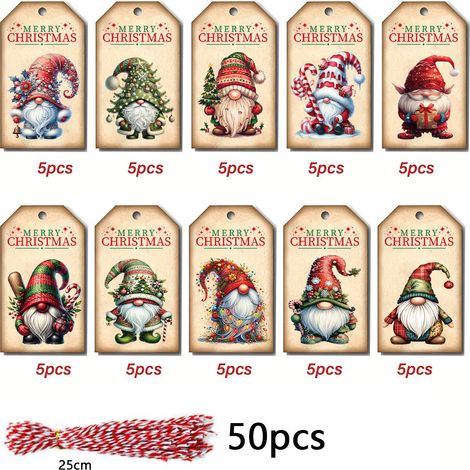 Étiquettes de Noël en papier kraft, 50 pièces + 50 cordons, motifs sapin, Père Noël, décorations cadeaux (1/2)