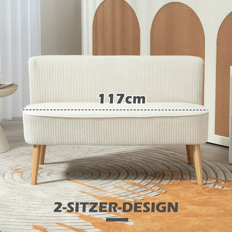 Canapé 2 places moderne, banquette sans accoudoirs rembourrée, tissu effet velours côtelé, petit canapé lounge à pieds en bois pour salon, 117 x 56,5 x 77 cm, blanc crème (1/5)