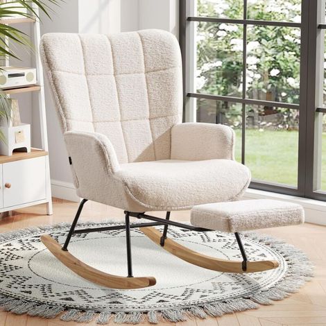 Fauteuil à bascule avec repose-pieds, fauteuil d'allaitement avec repose-pieds, fauteuil à bascule scandinave en bois massif frisé pour chambre d'enfant, salon, balcon, blanc ivoire (1/5)