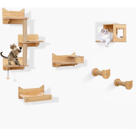 COSTWAY 6Pcs Cat Wall Furniture Set Kitten Wall Mounted Shelves w/Hammock (1/5)