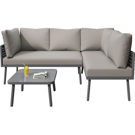 Salon de jardin en fer, ensemble de mobilier de jardin en corde grise, ensemble de jardin en L, salon lounge en corde grise avec coussins d'assise, pieds réglables, 2 canapés et 1 table