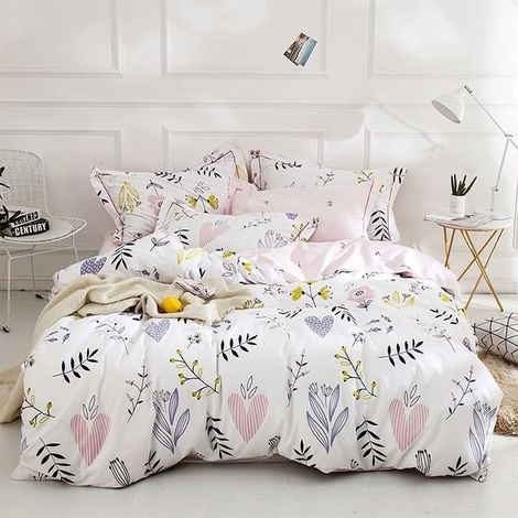 Housse de Couette 140x200cm Rose Blanc Feuilles Floral Fleurs Ado Adultes Parure de Lit 1 Personne Motif du cœur Réversible Housse Couette en Microfibre avec 1 Taie d'oreiller 65x65 cm (1/5)