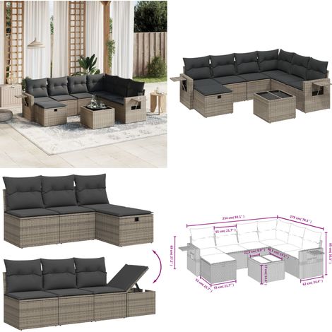 Salon de jardin 8 pcs avec coussins gris résine tressée - Ensemble Salon De Jardin - Mobilier De Jardin - Canapé D'extérieur - Set De Salon - Chaise Longue - Home & Living