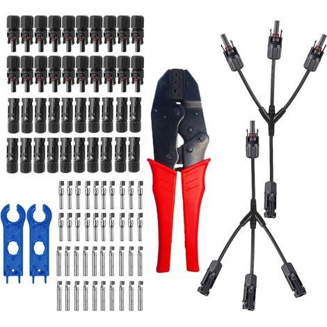 Conectores de enchufe/toma de 20 pares para cables de módulos solares con herramienta de crimpado, herramienta de montaje de conectores en Y de 1 a 3 para sistemas fotovoltaicos impermeables según IP6 (1/5)