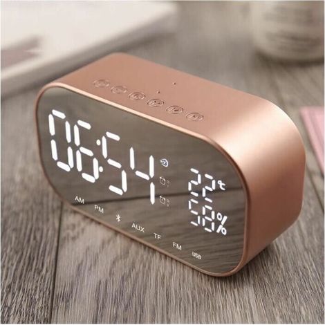 Réveil radio numérique, haut-parleur Bluetooth sans fil, chargement USB, lecture de carte AUX TF pour ordinateur de bureau (or rose) (1/5)