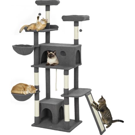 Arbre à chat tour de jeux pour chat avec griffoir 3 lits 2 niches plateformes et 3 jouets suspendus hauteur 174 cm gris