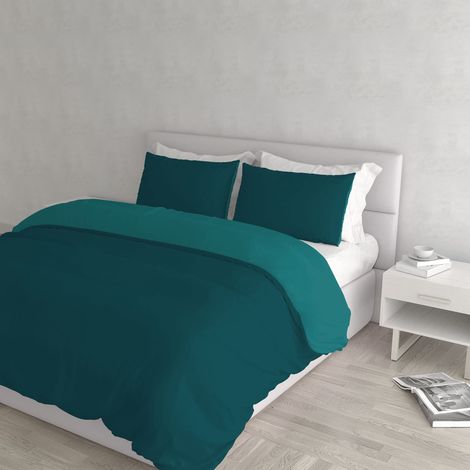 housse de couette double-face couleur unie avec taies d'oreiller, Vert pétrole/Vert Bouteille (1/5)