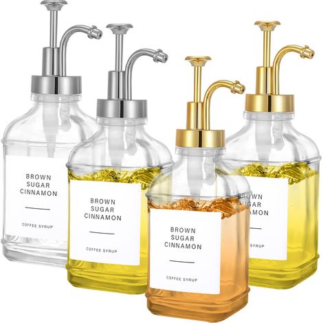 Set mit 4 x 500 ml Glas-Kaffeesirupspendern – Kaffeesirupspender mit gold-silberner Pumpe – mit Trichter – Spenderflaschen für Kaffeebars (1/5)