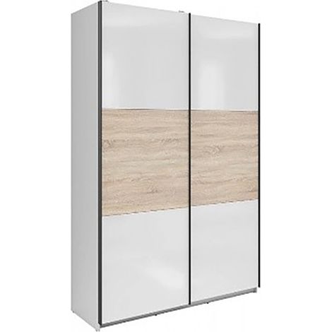Armoire placard à 2 portes coulissantes coloris blanc brillant/chêne Sonoma - Longueur 183 x Profondeur 60 x Hauteur 195,5 cm (1/4)