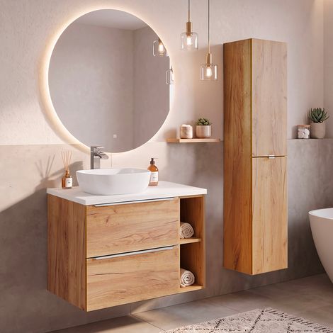 Conjunto mueble lavabo individual 80cm 2 nichos y columna April Madera y Blanco (1/5)