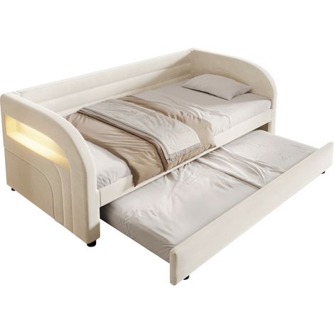 Letto imbottito 90x200 con letto estraibile, illuminazione LED multicolore, rivestimento in velluto, beige, salvaspazio per camera bambini e ospiti CHICFURN (1/5)