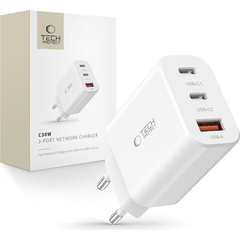 Caricabatterie da parete 30W con 2 porte USB-C PD / USB-A QC - Bianco (1/5)