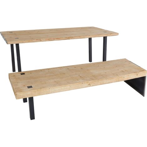 Set tavolo con panca sala da pranzo soggiorno HHG-577 200cm ferro legno chiaro e nero