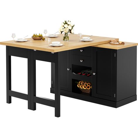 CHICFURN Mesa isla de cocina extensible giratoria 360° con almacenaje, botellero y 2 cajones, mesa de comedor auxiliar en negro, 120-197x40x74 cm MDF (1/5)