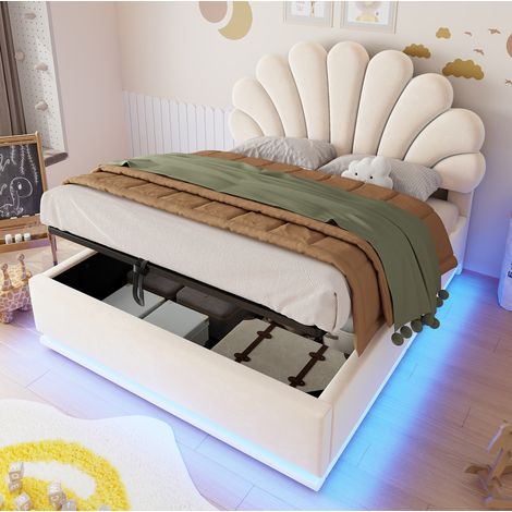 Cama canapé 140x200 cm con almacenamiento hidráulico y LED, cabecero floral, terciopelo y metal - beige (1/5)