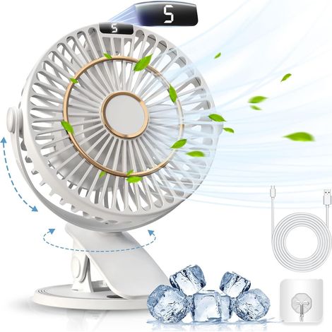 Ventilatore ricaricabile con clip, mini ventilatore da tavolo USB, silenzioso con display a LED, 5 velocità, rotazione a 720°, potente ventilatore da tavolo (1/5)