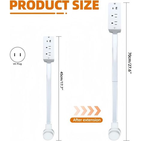 Disponible en blanc. Matériaux : PC + ABS. Prise secteur rotative à 180° (norme américaine AC 100-240 V).