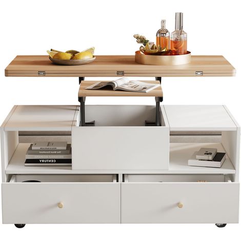 Table Basse Table Extensible Hauteur Reglable 47 5 a 62 cm Plateau Pliant 4 Tiroirs 4 Roulettes Charge 60 kg Table Manger Bureau pour Salon (1/5)