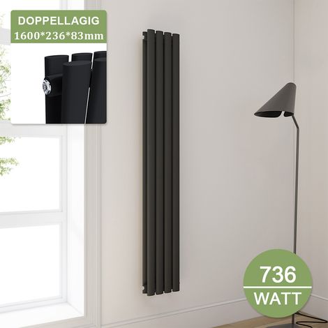 ELEGANT Heizkörper Anthrazit Doppellagig Röhrenheizkörper Oval Paneelheizkörper Vertikal 1600x236mm 736Watt