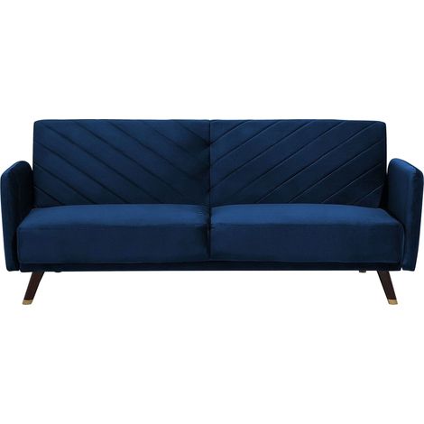 Divano Letto a 3 Posti Rivestimento in Velluto Blu Navy Gambe in Legno Senja