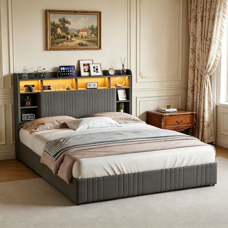 Lit Adulte 140x200 cm avec 4 tiroirs, tête de lit avec rangement, éclairage LED RGB, port USB et tissu lin (1/5)