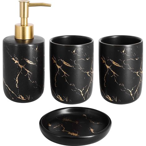 Set of 4 Ceramic Bathroom Accessories with Soap Dispenser, Tumblers, Soap Dish (Black) (1/5)