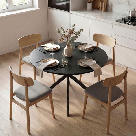 Mesa de comedor redonda para 4 personas, mesa de cocina de estilo industrial con patas de acero, para comedor o cocina, color negro. (1/5)