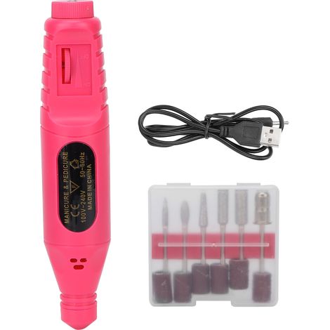 Lot USB Perceuse à Ongles Électrique 6 Têtes de Polissage Kit Manucure Polisseuse Portable Rouge Rose (1/5)