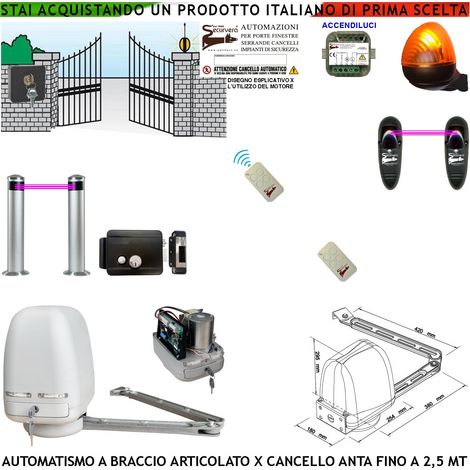 Automazione Cancello Kit Motore Braccio Articolato 220/24 V Anta da 0,5 a 2,5 MT Accendiluci Elettroserratura Faro Selettore 2 Paline 2 Foto 2 Radiocomandi (1/4)