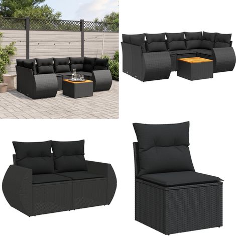 Salon de jardin 7 pcs avec coussins noir résine tressée - Ensemble Salon De Jardin - Meuble Extérieur - Canapé Jardin - Table Jardin - Chaise Lounge - Home & Living (1/5)