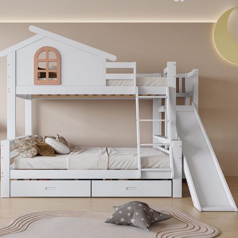 Lit superposé enfant 90x200cm - avec 2 tiroirs et coulisses, fenêtre caractéristique et escalier incliné 4 marches, sommier à lattes, bois - blanc (1/5)