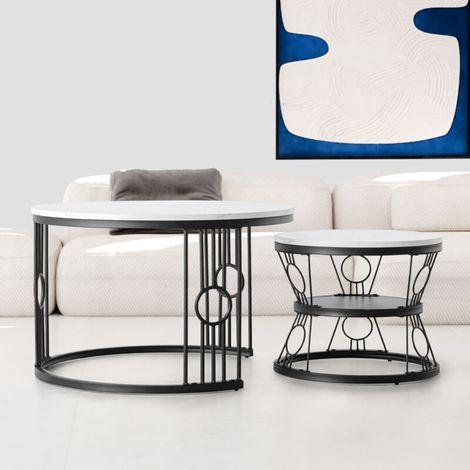 Table basse gigogne ronde, ensemble de 2 tables basses modernes avec plateau en marbre artificiel, table gigogne blanche avec cadre en métal noir, adaptée au salon, appartement, bureau (1/5)