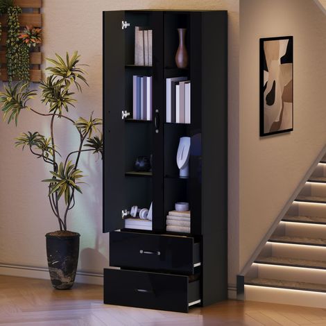 Beleuchtete Vitrine mit LED-Beleuchtung, zweitüriger Aufbewahrungsschrank, Holz, 60 x 35 x 182,5 cm, schwarz (1/5)