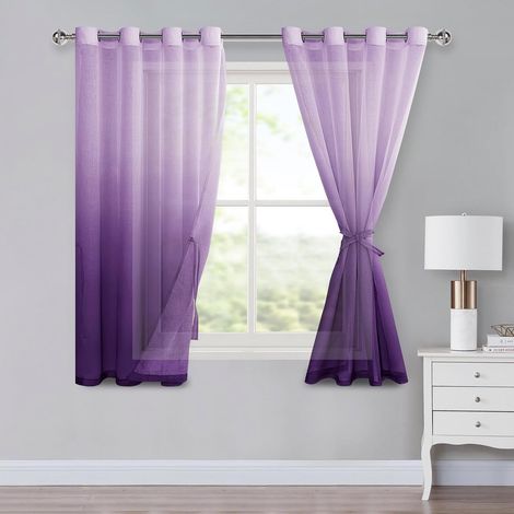 Rideaux en voile avec œillets, rideaux dégradés, rideau transparent Ombre, lot de 2 pour la chambre à coucher et le salon, rideaux à œillets avec pince H145xL140cm Violet (1/5)