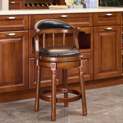 Tabouret de Bar Pivotant 360° Chaise Haute Assise Cuir Dossier Incurvé Cadre Bois Finition Ivoire pour Cuisine Comptoir 29,5" (1/5)