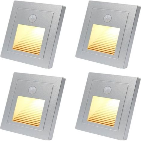 4pcs LED Spot Mural Encastré 1,5W avec Détecteur de Mouvement, Applique Murale d'escalier éclairage étape Lumière Lampe Blanc Chaud, Plastique Encastré Lumière Escalier 230V Intérieur,argent (1/5)