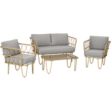 Easycomfort Salotto da Giardino in Rattan Stile Boho con Divano 2 Posti, 2 Poltrone e Tavolino con Vetro (1/5)