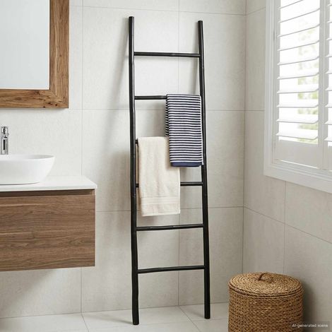 vidaXL Escalera para Mantas Negro 50 x 190 cm Bambú (1/4)