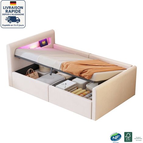 Cama canapé tapizada de tela 90 x 200 cm - Cama infantil - Con luz LED, con luz de noche y puerto de carga USB, con estante - Terciopelo de diseño - Madera con certificación PEFC - Beige (1/5)