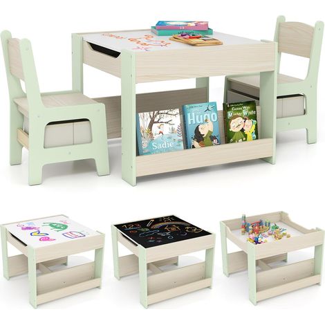 COSTWAY 4 en 1 Table Enfant avec 2 Chaises & Plateau Double Face & Tableau Noir, Table et Chaises en Bois avec 2 Bacs en Tissu & Étagères à Livres, Bureau pour Dessiner, 3 Ans+ (avec étagère - Vert) (1/5)