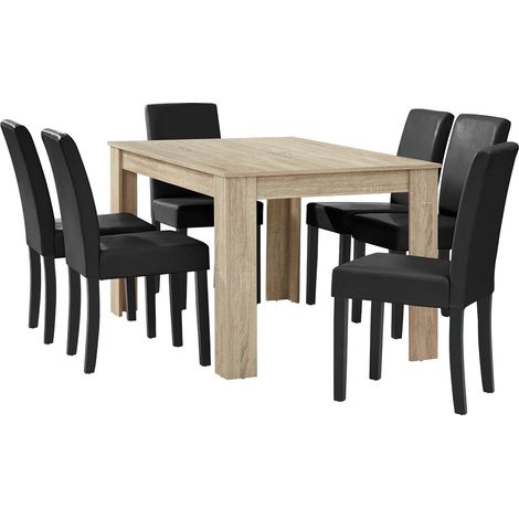 Set Pranzo con Tavolo 140x90 cm e 6 Sedie in Similpelle - Effetto Rovere Chiaro / Nero [en.casa]