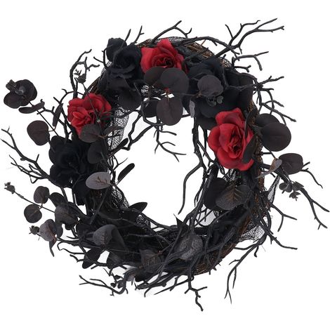 Couronne d'Halloween en ABS noir avec fleurs rouges et branches artificielles pour décoration de porte (1/5)
