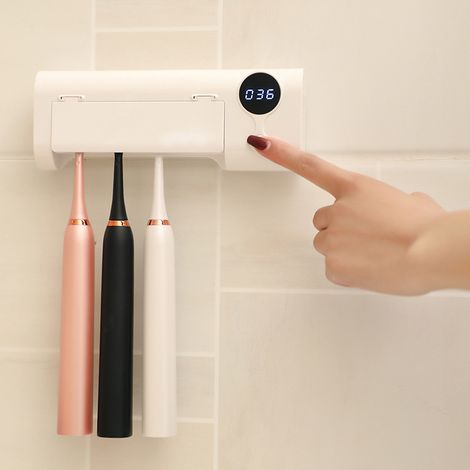 UV-Sterilisator für 4 Zahnbürsten, ohne Bohren, USB-aufladbar, eliminiert 99,9 % der E. coli, Wandhalterung für Badezimmer-lsw (1/5)