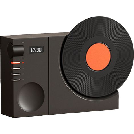 Platine vinyle rétro, enceinte Bluetooth sans fil miniature, enceinte de bureau portable avec horloge et lecteur de carte mémoire, chargement USB, noire. (1/5)