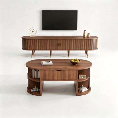Ensemble salon 2 pièces –Table Basse et Meuble TV –Portes coulissantes –Canne lé –Bois –Pieds dorés –Rangement –Mid-Century (1/5)
