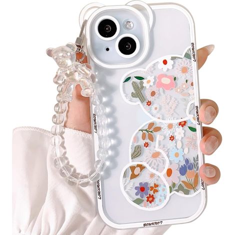 Una custodia trasparente per iPhone 15 Plus, decorata con un grazioso motivo floreale e orsetto, con cinturino a catena, adatta a ragazze e donne. (1/2)